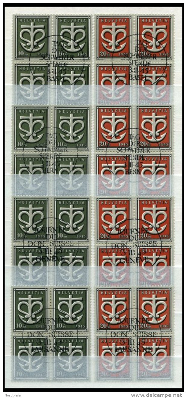 SCHWEIZ BUNDESPOST 443/4 VB O, 1945, Kriegsgeschädigte In Viererblocks Mit Zentrischen Sonderstempeln TAG DER SCHWE - Oblitérés