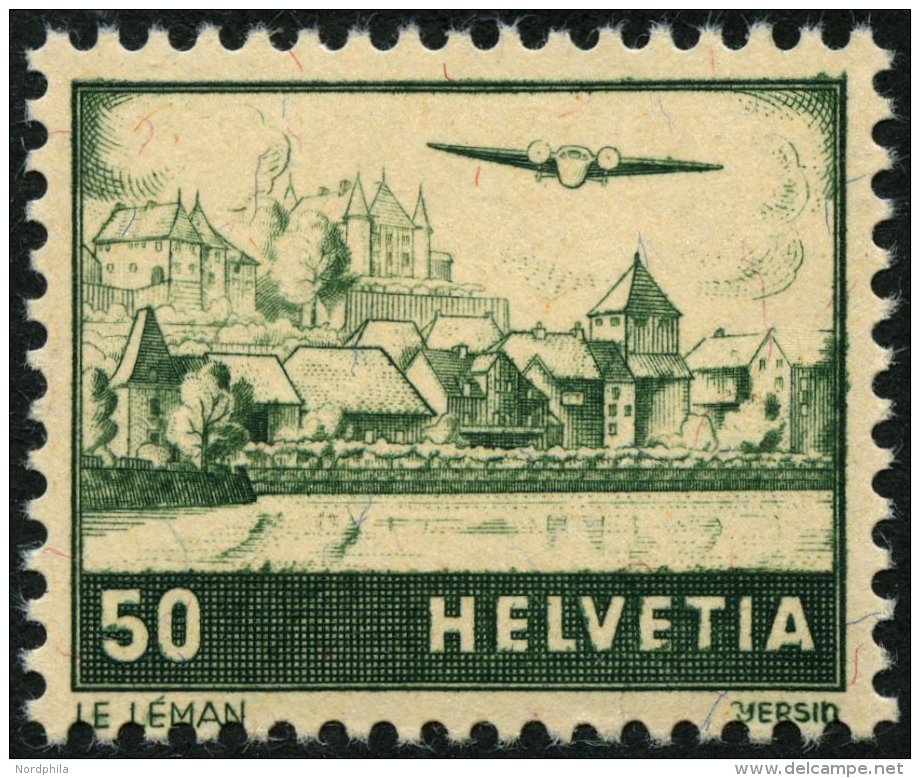 SCHWEIZ BUNDESPOST 389I **, 1941, 50 C. Flugzeug über Landschaften Mit Abart Dach Des Rechten Hauses Weiß, Pr - Oblitérés