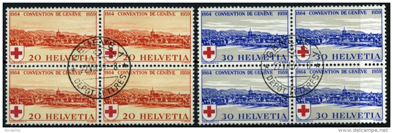 SCHWEIZ BUNDESPOST 357/8 VB O, 1939, Rotes Kreuz In Viererblocks Mit Zentrischen Ersttags-Stempeln, Pracht - Oblitérés