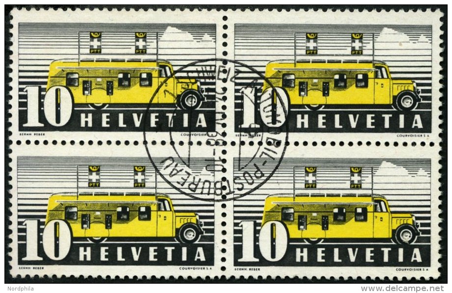 SCHWEIZ BUNDESPOST 311y VB O, 1937, 10 C. Postbus, Blaue Und Rote Fasern, Im Zentrisch Gestempelten Viererblock, Pracht - Oblitérés