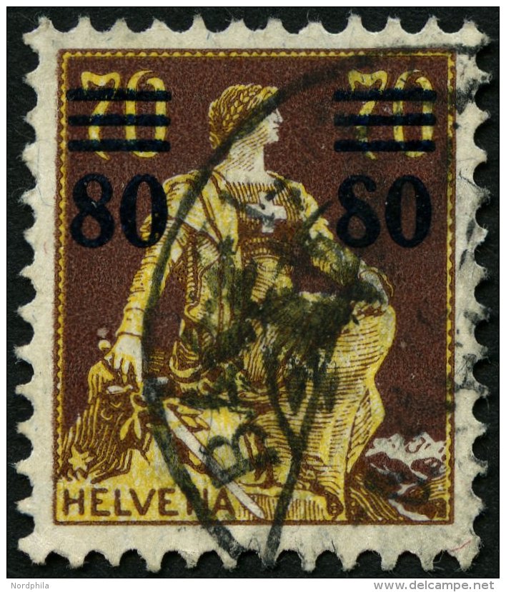 SCHWEIZ BUNDESPOST 127I O, 1915, 80 C. Auf 70 C. Schwärzlichrötlichbraun/hellchromgelb Mit Abart Rechte 8 Oben - Oblitérés