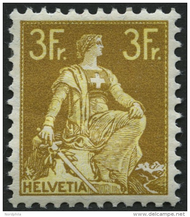 SCHWEIZ BUNDESPOST 110 *, 1908, 3 Fr. Schwärzlichgraugelb/mattgelb, Falzreste, Gummi Etwas Wellig, Pracht, Mi. 320. - Oblitérés