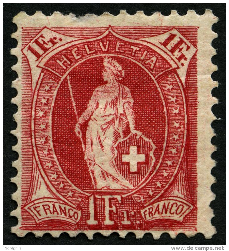 SCHWEIZ BUNDESPOST 70D *, 1899, 1 Fr. Karmin, Gezähnt K 111/2:12, Falzreste, Feinst (dünne Stelle Im Oberrand) - Oblitérés