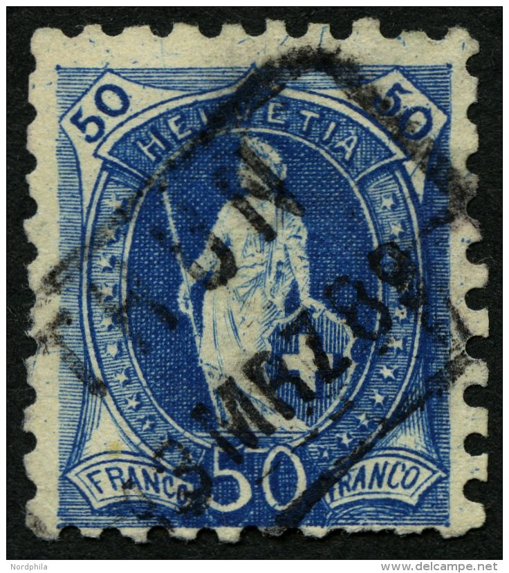 SCHWEIZ BUNDESPOST 62B O, 1882, 50 C. Blau, Gezähnt K 9 3/4:91/4, Feinst (übliche Zähnung), Mi. 380.- - Oblitérés