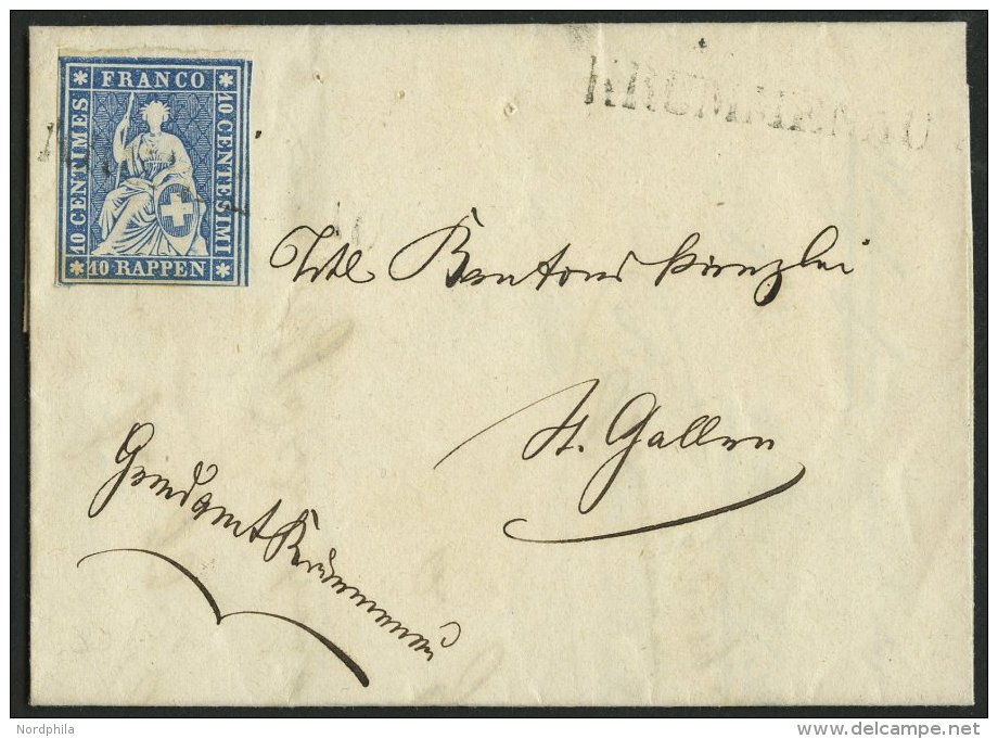 SCHWEIZ BUNDESPOST 14IIByo BRIEF, 1859, 10 Rp. Lebhaftblau, Dunkelroter Seidenfaden, Berner Druck II, (Zst. 23Cc), Oberr - Lettres & Documents