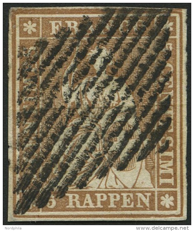 SCHWEIZ BUNDESPOST 13IIAyn BRIEF, 1855, 5 Rp. Braun, Gelber Seidenfaden, Berner Druck II, (Zst. 22Ca), Dreiseitig Breitr - Oblitérés