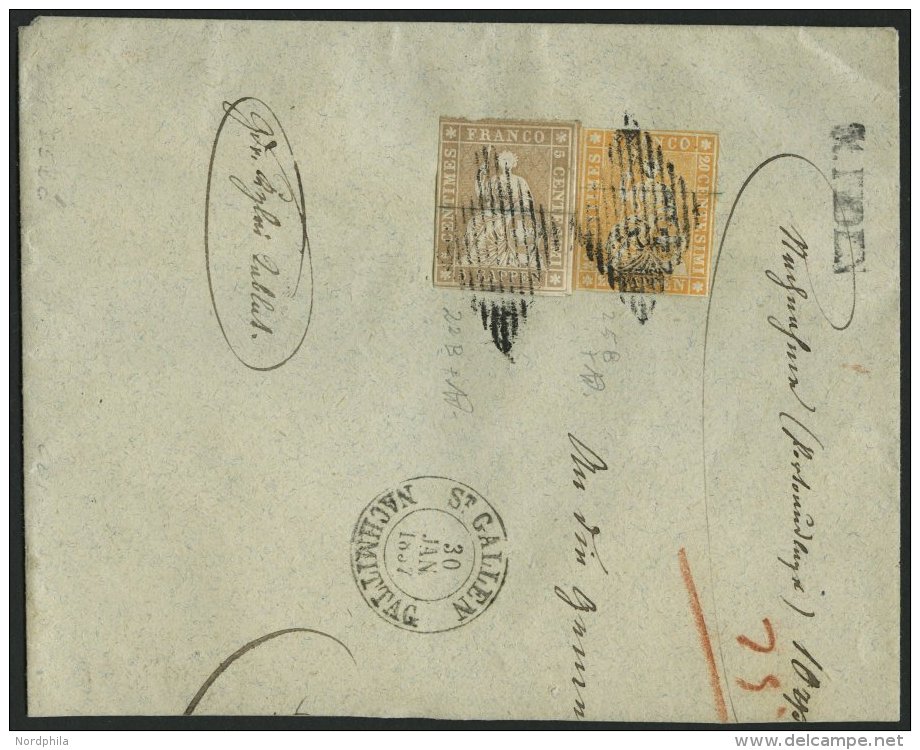 SCHWEIZ BUNDESPOST 13,16IIAym BrfStk, 1857, 5 Rp. Graubraun Und 20 Rp. Gelborange, Berner Druck I, (Zst. 22B,25B), Auf N - Lettres & Documents