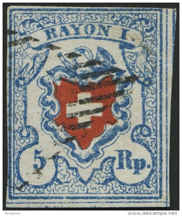 SCHWEIZ BUNDESPOST 9II O, 1851, 5 Rp. Preußischblau/orangerot, Type 15, Druckstein B3 (RO), Schmal-überrandig - 1843-1852 Timbres Cantonaux Et  Fédéraux