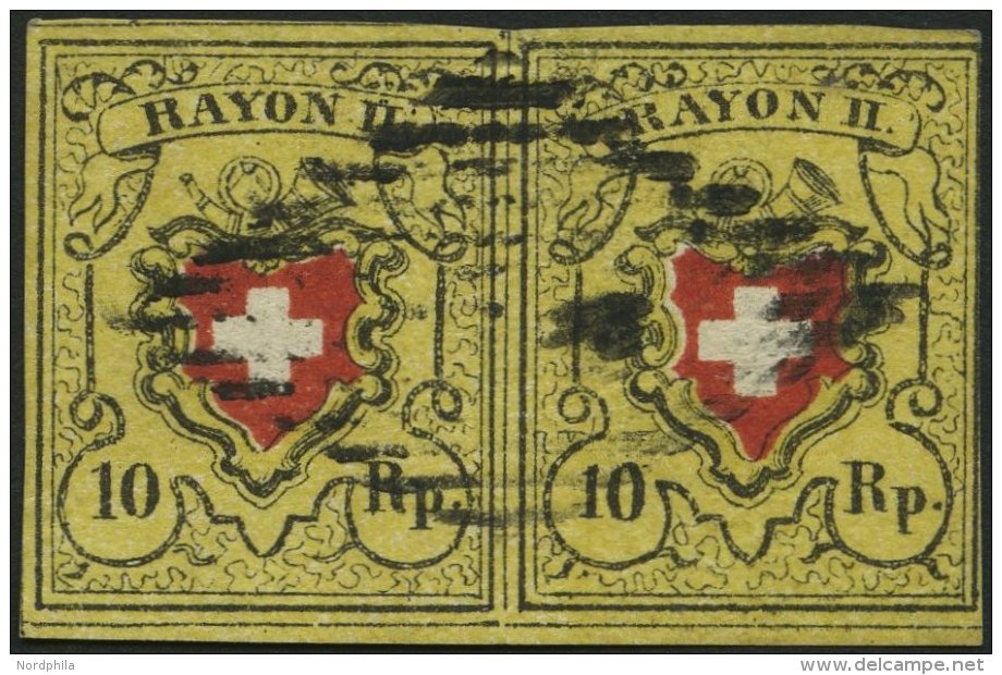 SCHWEIZ BUNDESPOST 8II Paar O, 1850, 10 Rp. Schwarz/rot Auf Gelb, Type 39 Und 40, Druckstein E (RO), Im Waagerechten Paa - 1843-1852 Timbres Cantonaux Et  Fédéraux