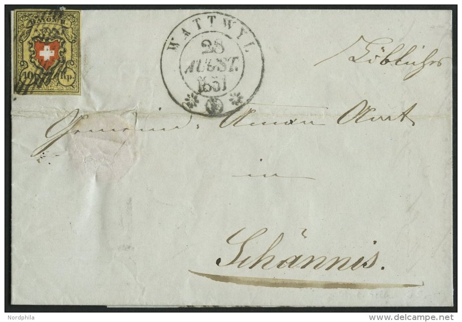 SCHWEIZ BUNDESPOST 8II BRIEF, 1851, 10 Rp. Schwarz/rot Auf Gelb, Type 28, Druckstein A2 (LO), Prachtstück Auf Brief - 1843-1852 Federale & Kantonnale Postzegels