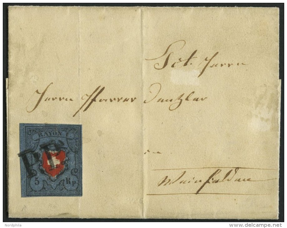 SCHWEIZ BUNDESPOST 7II BRIEF, 1851, 5 Rp. Schwarz/zinnoberrot Auf Blau, Ohne Kreuzeinfassung, Type 25, Mit Plattenfehler - 1843-1852 Timbres Cantonaux Et  Fédéraux