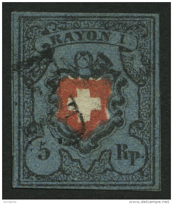 SCHWEIZ BUNDESPOST 7II O, 1850, 5 Rp. Schwarz/zinnoberrot Auf Blau, Ohne Kreuzeinfassung, (Zst. 15IIa), Type 14, Mit Sch - Oblitérés