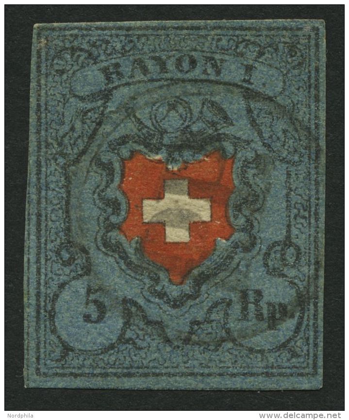 SCHWEIZ BUNDESPOST 7I O, 1850, 5 Rp. Schwarz/zinnoberrot, Mit Kreuzeinfassung, Type 20, Schwarzes P.P. Im Kreis, Helle S - Oblitérés