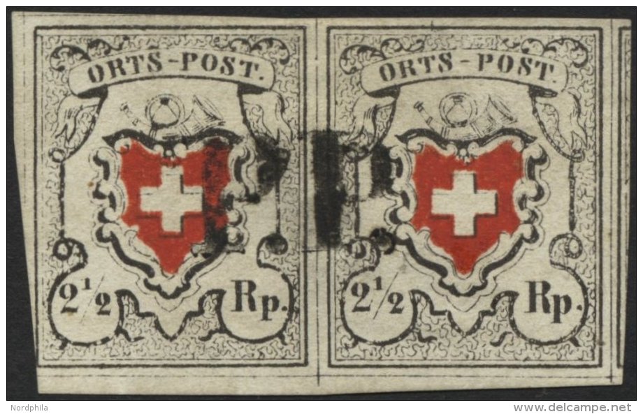 SCHWEIZ BUNDESPOST 5Ia Paar O, 1850, 21/2 Rp. Grauschwarz/dunkelorangerot Ortspost, Mit Kreuzeinfassung, Type 33 Und 34 - 1843-1852 Timbres Cantonaux Et  Fédéraux