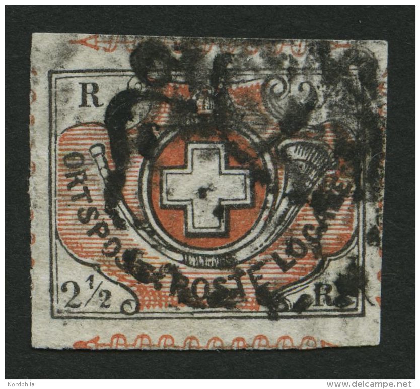 SCHWEIZ BUNDESPOST 4 O, 1850, 21/2 Rp. Schwarz/braunrot, Sog. Winterthur, Mit Kräftig Gestempelter Schwarze Zü - Oblitérés