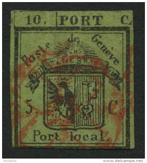 GENF 1HL O, 1843, 5 C. Schwarz Auf Lebhaftgrünoliv, Linke Hälfte Der Doppelgenf, Stärkere Mängel (di - 1843-1852 Correos Federales Y Cantonales