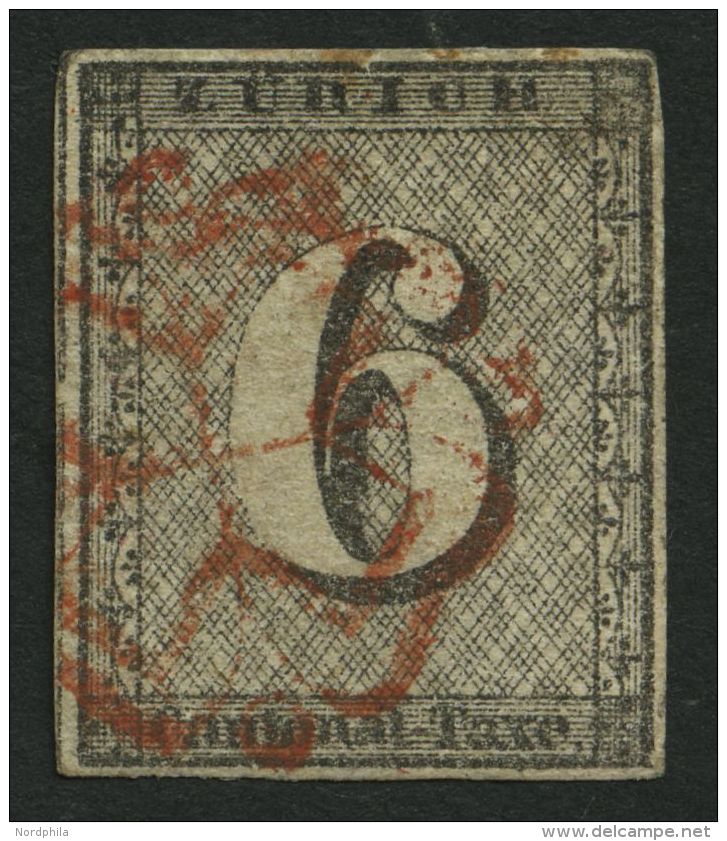 ZÜRICH 2II O, 1843, 6 Rp. Schwarz/dunkelbräunlichrot, Etwas Blasser Waagerechter Linienunterdruck, Rote Rosett - 1843-1852 Timbres Cantonaux Et  Fédéraux