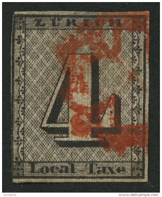 ZÜRICH 1I O, 1843, 4 Rp. Schwarz/dunkelbräunlichrot, Linienunterdruck Senkrecht, Type IV, Rote Rosette, Links - 1843-1852 Timbres Cantonaux Et  Fédéraux