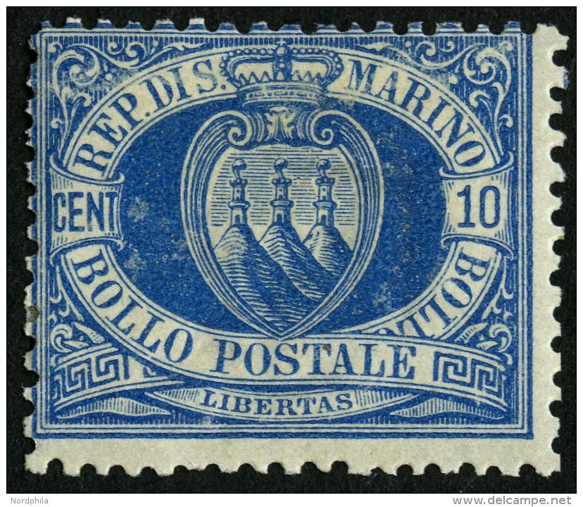 SAN MARINO 2b *, 1877, 10 C. Blau, Falzreste, üblich Gezähnt, Feinst, Mi. 600.- - Autres & Non Classés