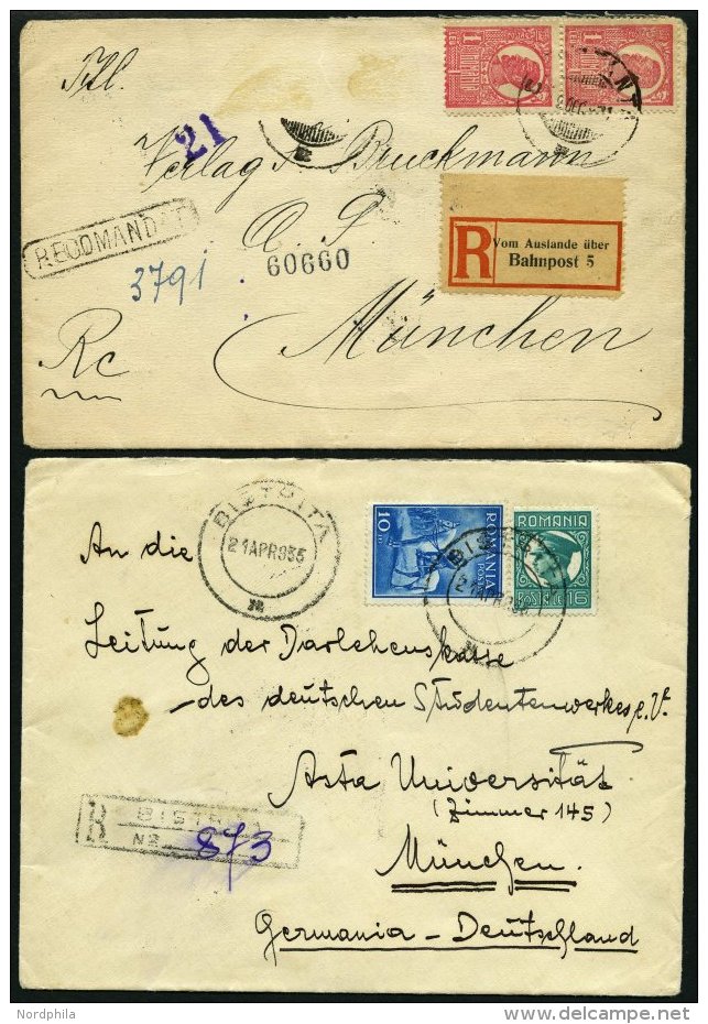 RUMÄNIEN 1922/3, 2 Einschreibbriefe Nach München, 1x Frankatur Teilweise Abgefallen, R-Zettel Vom Auslande &uu - Autres & Non Classés