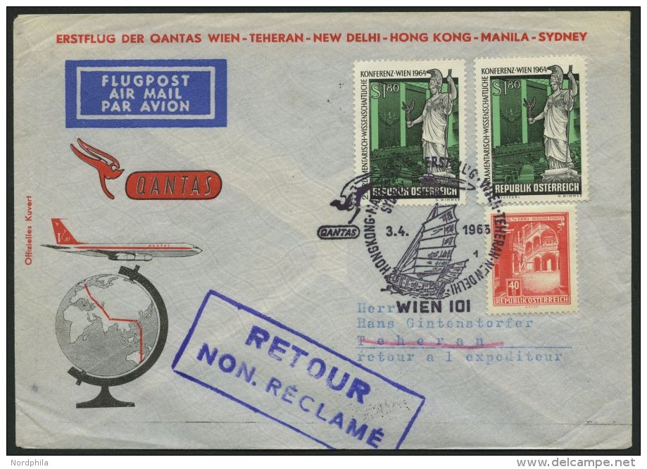 SONDERFLÜGE 3.4.1965, Erstflug WIEN-TEHERAN-N-DELIHI-HONGKONG-MANILA-SYDNEY, Pracht - Autres & Non Classés