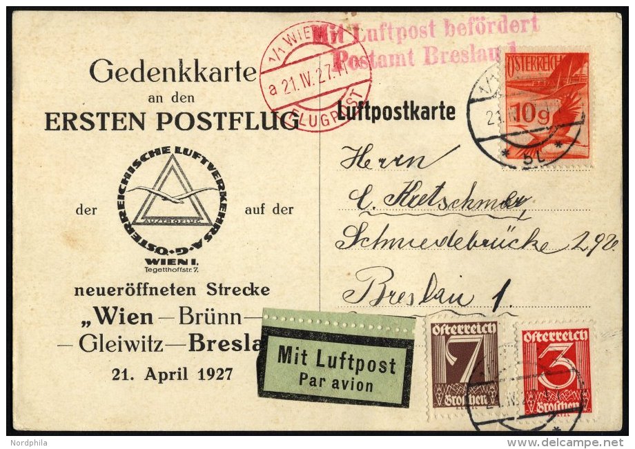 FLUGPOST BIS 1938 27.10c BRIEF, 21.4.1927, Erstflug WIEN-BRESLAU, Gedenkkarte (weißer Karton), Pracht - Premiers Vols