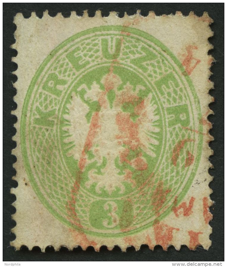 STERREICH 25 O, 1863, 3 Kr. Grün Mit Rotem Stempel, üblich Gezähnt Pracht, Mi. 250.- - Oblitérés