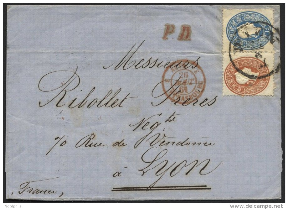 STERREICH 21/2 BRIEF, 1861, 10 Kr. Braun Und 15 Kr. Blau Auf Brief Von WIEN Nach Lyon, Pracht - Oblitérés