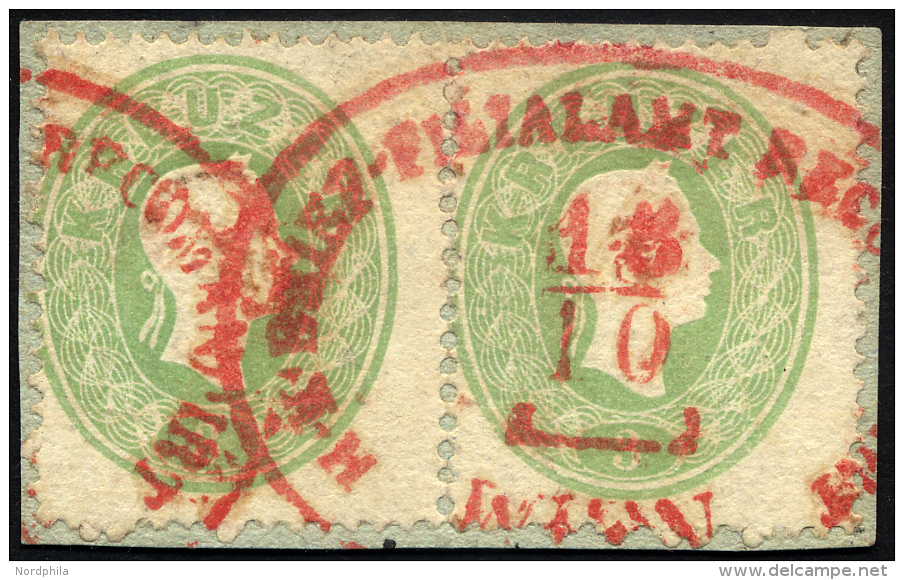 STERREICH 19 Paar BrfStk, 1860, 3 Kr. Grün Im Waagerechten Paar Mit Rotem Wiener-Recommandirt-Stempel, Prachtbriefs - Oblitérés