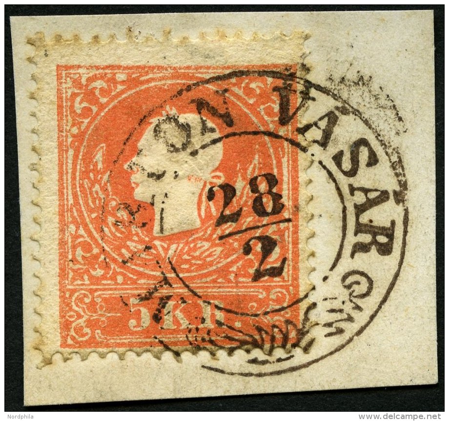 STERREICH 13II BrfStk, 1859, 5 Kr. Rot, Type II, Mit Ungarischem K2 MARTON VASAR, Prachtbriefstück - Oblitérés