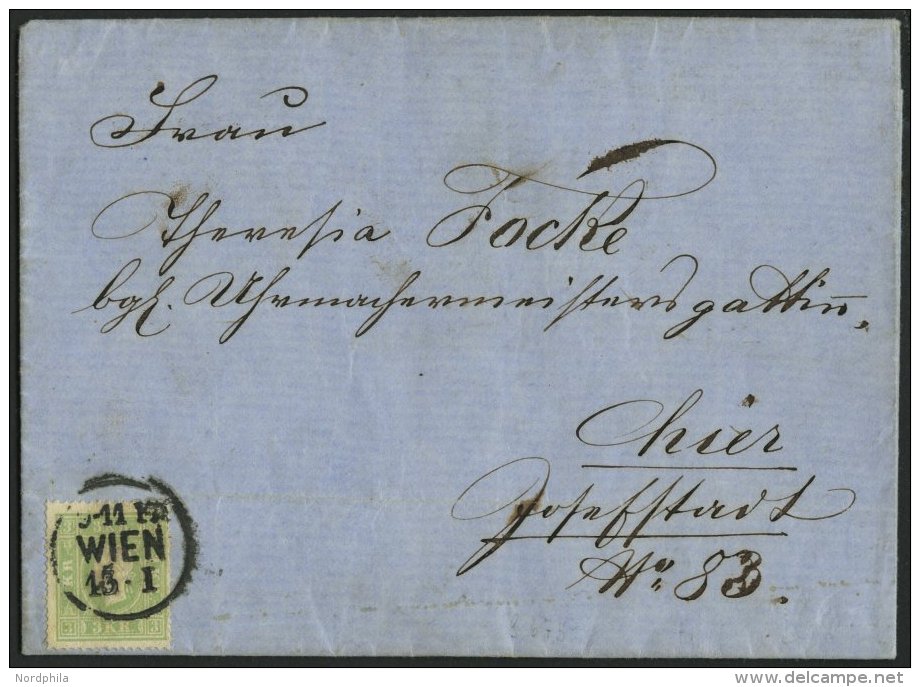 STERREICH 12a BRIEF, 1860, 3 Kr. Gelblichgrün, Prachtstück Auf Brief (1x Gefaltet) Aus WIEN - Usados