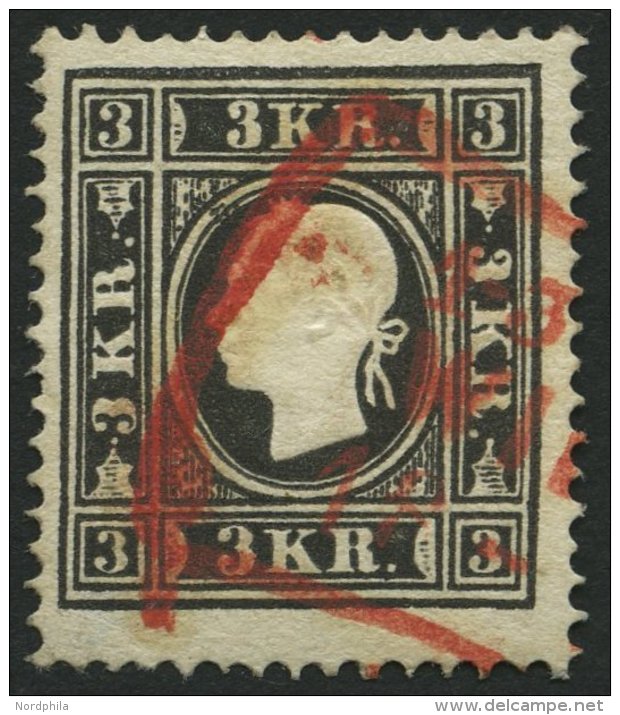 STERREICH 11II O, 1859, 3 Kr. Schwarz, Type II, Roter R3, Pracht, Mi. 230.- - Oblitérés