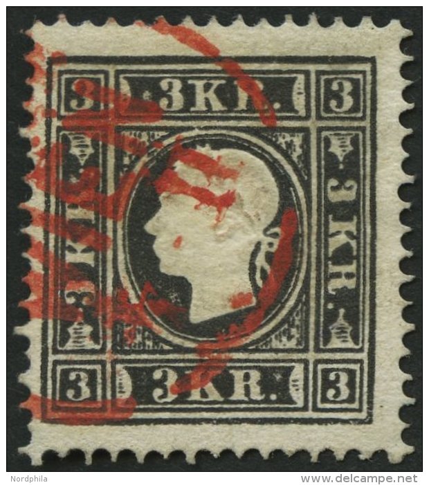 STERREICH 11II O, 1859, 3 Kr. Schwarz, Type II, Roter K1 WIEN, Pracht, Mi. 230.- - Oblitérés