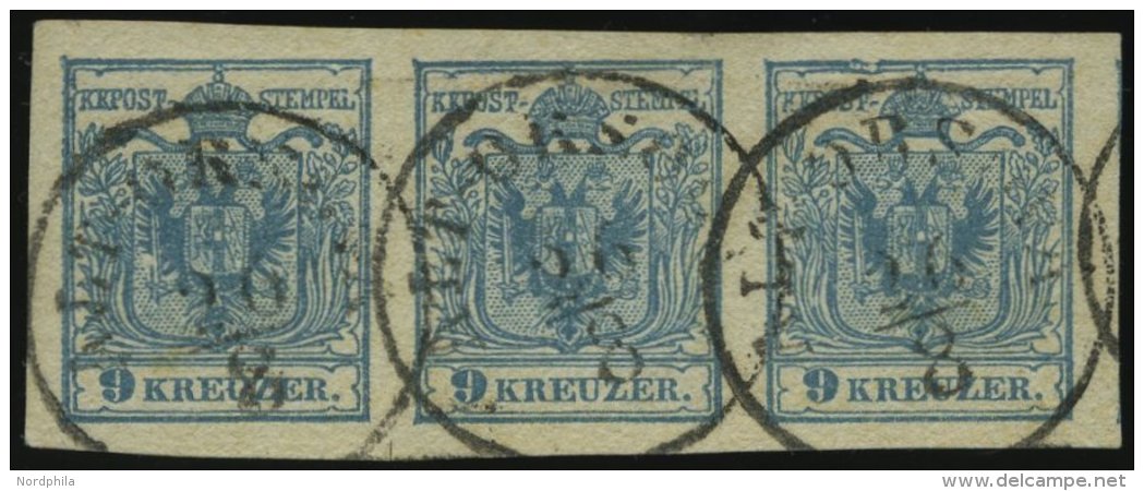 STERREICH 5X O, 1850, 9 Kr. Blau, Handpapier, Type IIIa, Im Waagerechten Dreierstreifen Mit Engen Waagerechten Abst&auml - Oblitérés