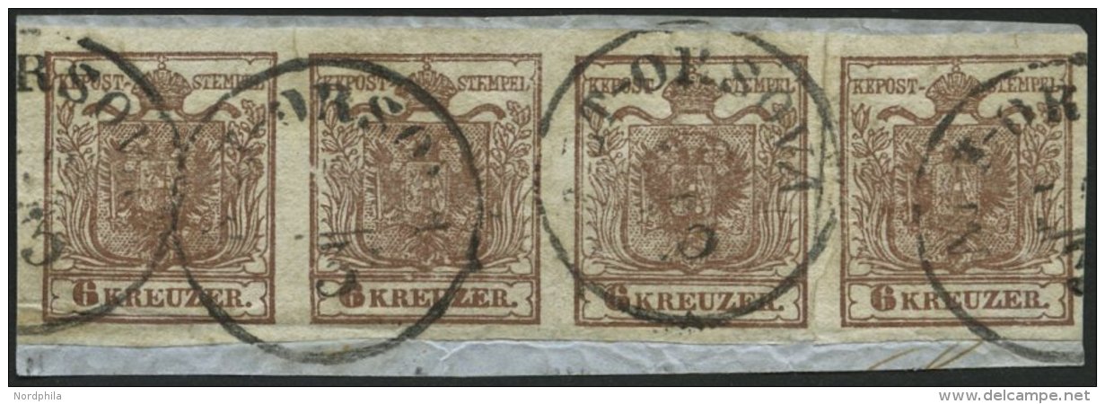 STERREICH 4X BrfStk, 1850, 6 Kr. Braun, Handpapier, Type Ia, Im Waagerechten Viererstreifen, 2. Marke Mit Plattenfehler - Oblitérés