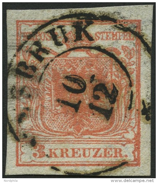 STERREICH 3Xa O, 1850, 3 Kr. Rot, Handpapier, Type Ib, Randdruck Rechts, Mit Wasserzeichen Und Plattenfehler Weiße - Oblitérés