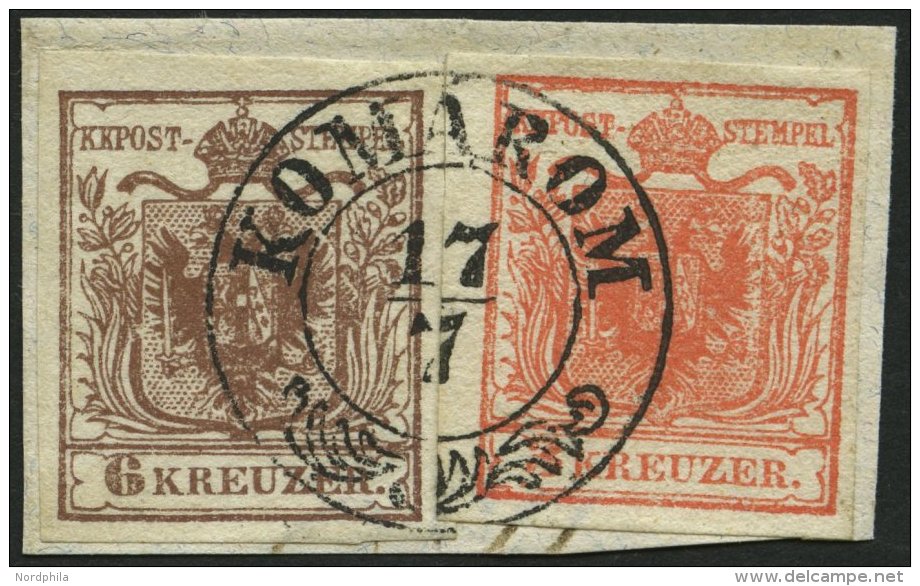 STERREICH 3/4X BrfStk, 1850, 3 Kr. Rot Und 6 Kr. Braun, Handpapier, Zentrischer Ungarn K2 KOMARON, Kabinettbriefstü - Oblitérés