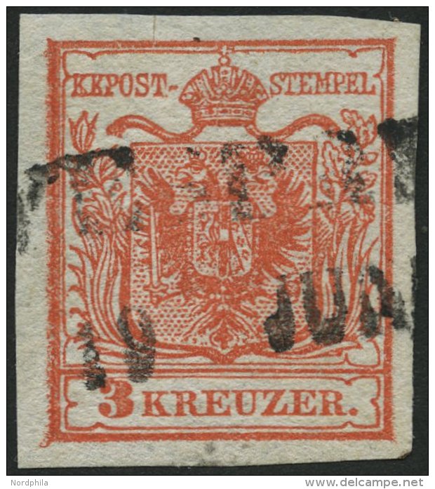 STERREICH 3X O, 1850, 3 Kr. Rot, Handpapier, Randdruck Links, Mit Seltenem Ungarischen R2 WESPRI(M), Pracht - Oblitérés