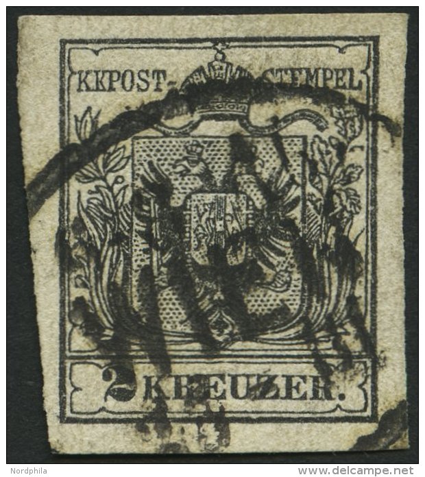 STERREICH 2Ya O, 1854, 2 Kr. Schwarz, Maschinenpapier, Mit Plattenfehler Beschädigung Am Linken Kronenband, Ovalste - Oblitérés