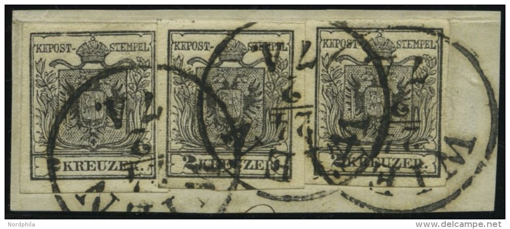 STERREICH 2Y BrfStk, 1854, 2 Kr. Schwarz, Maschinenpapier, 3x Auf Briefstück, K1 WIEN, Dekoratives Kabinettbriefst& - Oblitérés