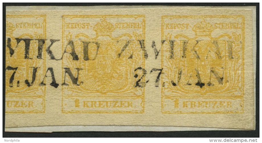 STERREICH 1Yc Paar BrfStk, 1854, 1 Kr. Goldgelb, Maschinenpapier, Type Ib, Im Waagerechten Paar Mit Teil Der Nebenmarke, - Oblitérés