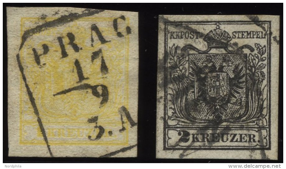 STERREICH 1,2Ya O, 1854, 1 Kr. Gelb Und 2 Kr. Schwarz, Maschinenpapier, 2 Prachtwerte, Mi. 200.- - Oblitérés