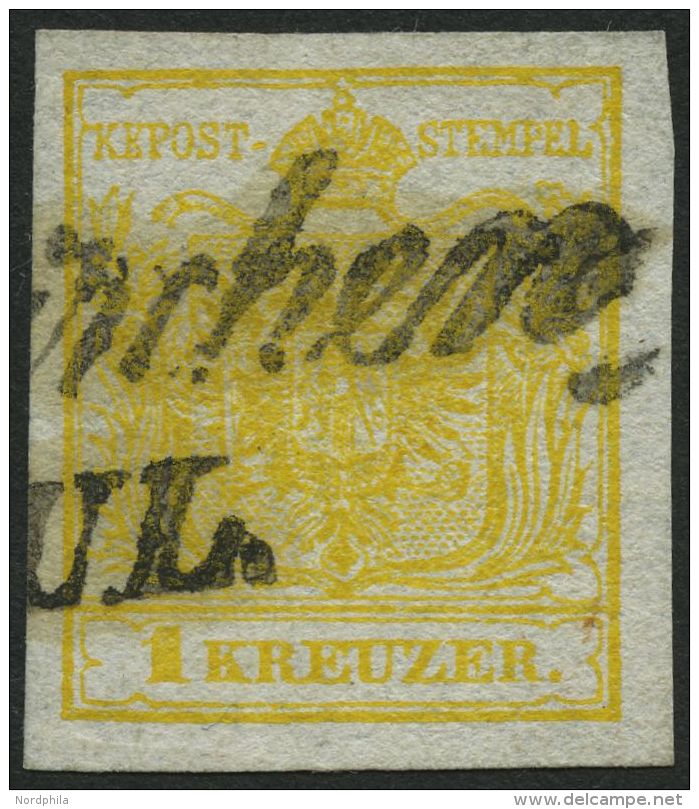 STERREICH 1Xd O, 1850, 1 Kr. Kadmiumgelb, Handpapier, Type III, L2, Pracht, Fotobefund Dr. Ferchenbauer - Oblitérés