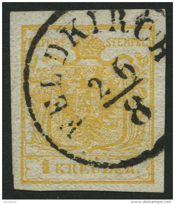 STERREICH 1Xb O, 1850, 1 Kr. Hellorange, Handpapier, Seidenpapier, K1 FELDKIRCH, Kabinett, Gepr. Matl - Oblitérés