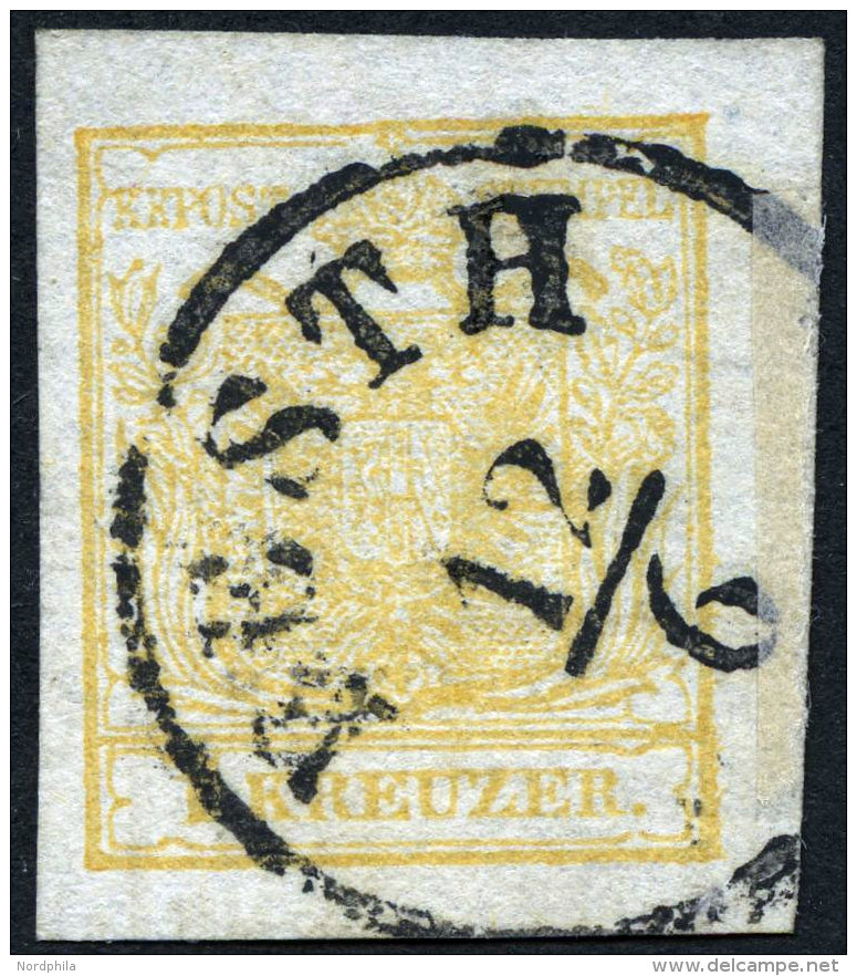 STERREICH 1XaDG O, 1850, 1 Kr. Ocker, Handpapier, Type Ib, Doppelseitiger Druck Mit Großem Teil Eines Andreaskreuz - Oblitérés