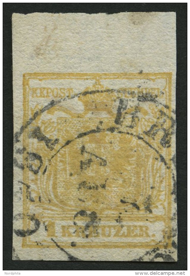 STERREICH 1Xa O, 1850, 1 Kr. Ockergelb, Handpapier, Type Ia, Oben Mit 7 Mm Rand, Stempel BRUNECK, Minimal Fleckiges Prac - Oblitérés