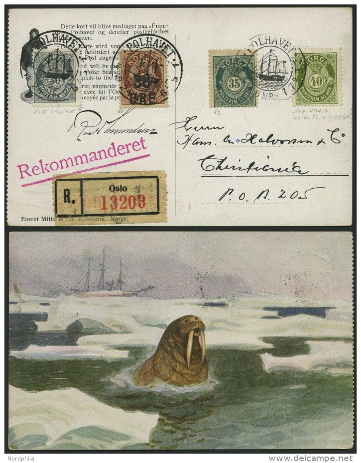 NORWEGEN 21,29,84,86 BRIEF, 1913, Framkarte Mit Guter Frankatur Und POLHAVET-Stempeln, Einschreibkarte Nach Christiania, - Oblitérés