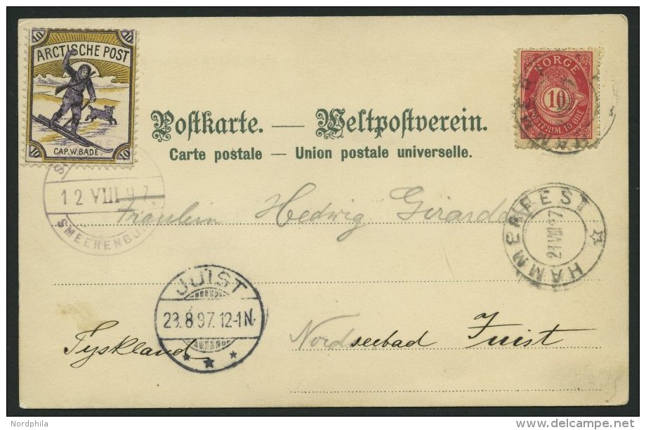 NORWEGEN 56 BRIEF, 1897, Farbige Ansichtskarte Von Spitzbergen, Mit Der Bade-Vignette Frankiert, Nach Juist, Pracht - Oblitérés