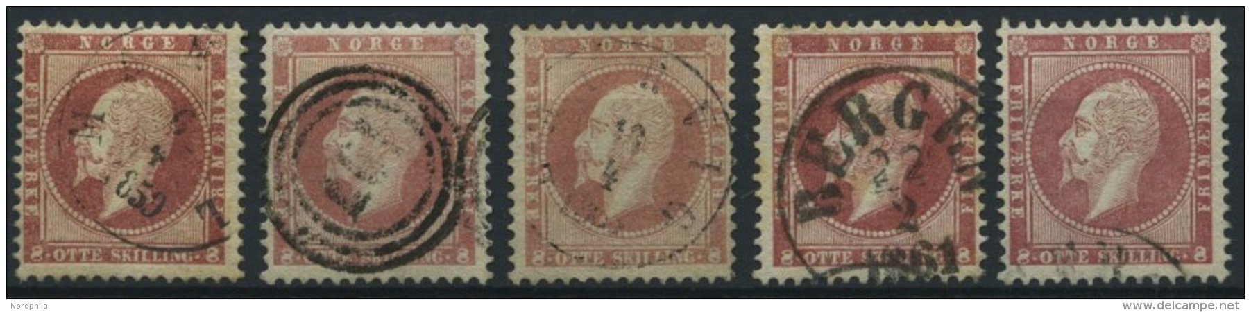 NORWEGEN 5 O, 1856, 8 Sk. König Oskar I, 5 Prachtwerte In Verschiedenen Farbtönungen - Oblitérés