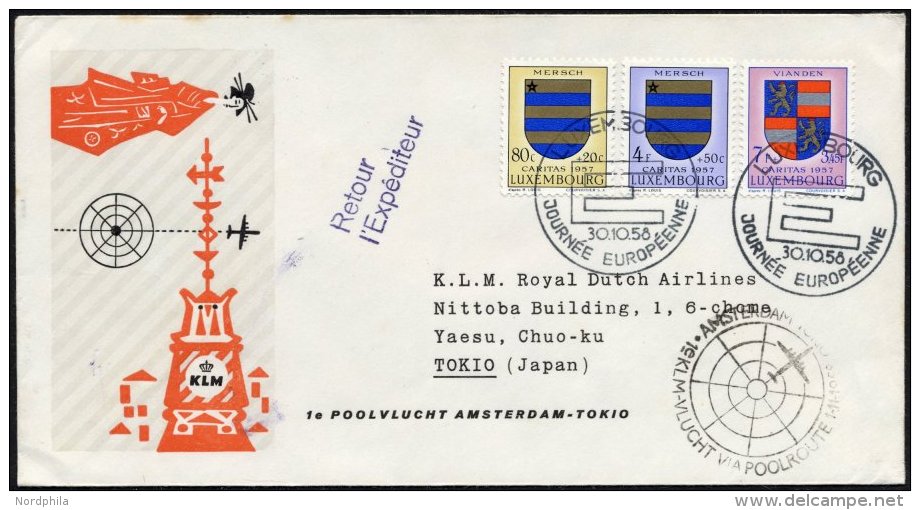 NIEDERLANDE 30.10.58, KLM Erstflug über Die Nordpolroute AMSTERDAM-TOKIO (Luxemburg-Zuleitung Mi.Nr. 576,579/80), P - Pays-Bas